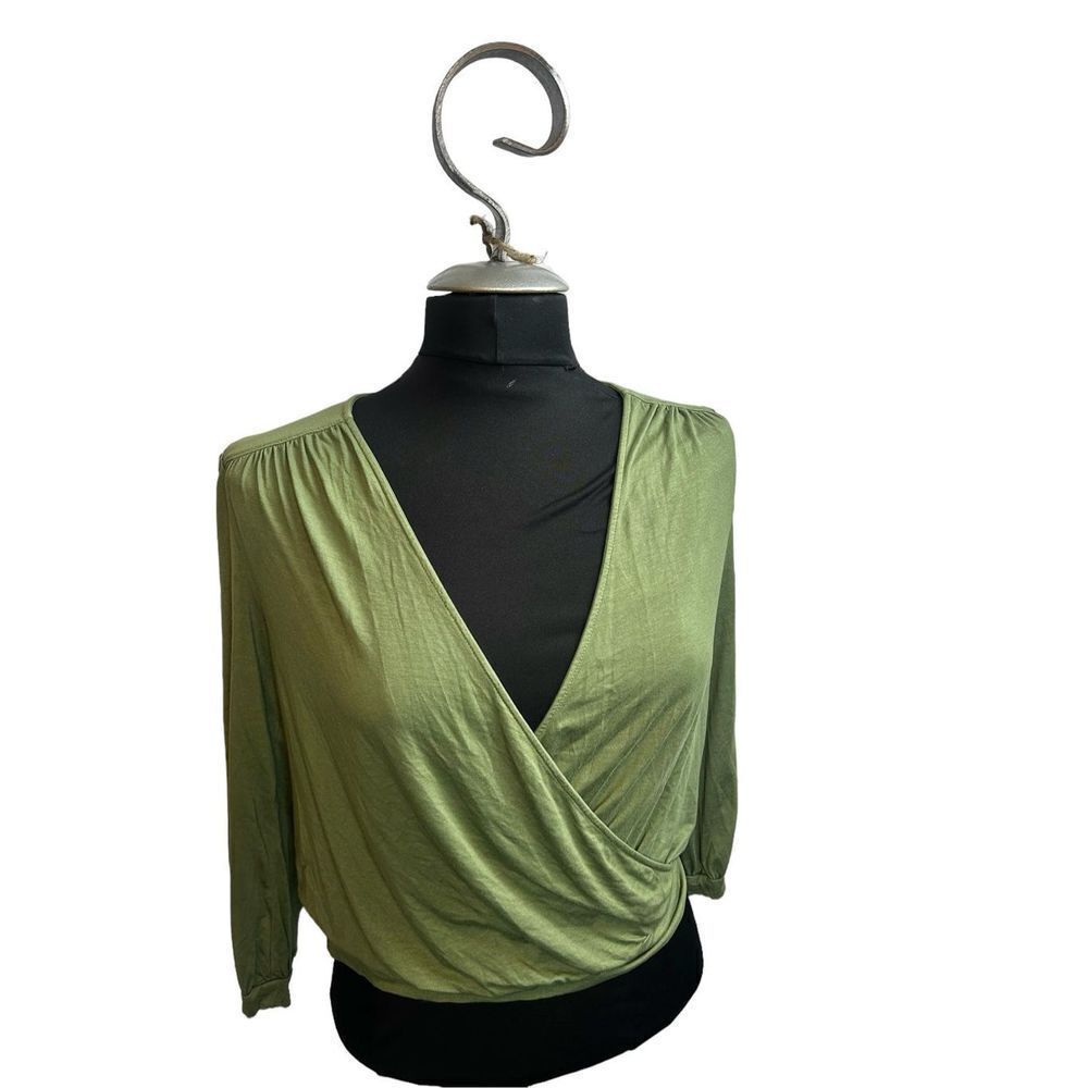 Three Dots size small avocado green vneck wrap blouse